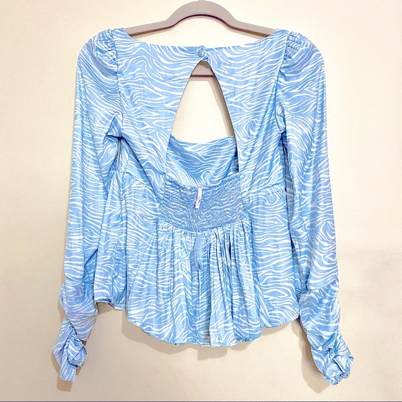NWOT Free People Baby Blue Silky Satin Zebra Print Blouse MSRP$149 - Picture 7 of 9